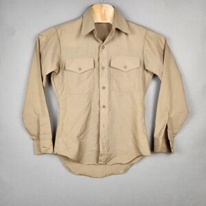Vintage US Navy Shirt Mens 15.5 35 Khaki Poly Wool Dress Uniform Long Sleeve 80s